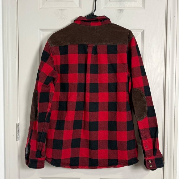Vans Jacket Mens Medium Red Black Plaid Button Up Corduroy Patches Elbow Pads - Picture 2 of 8